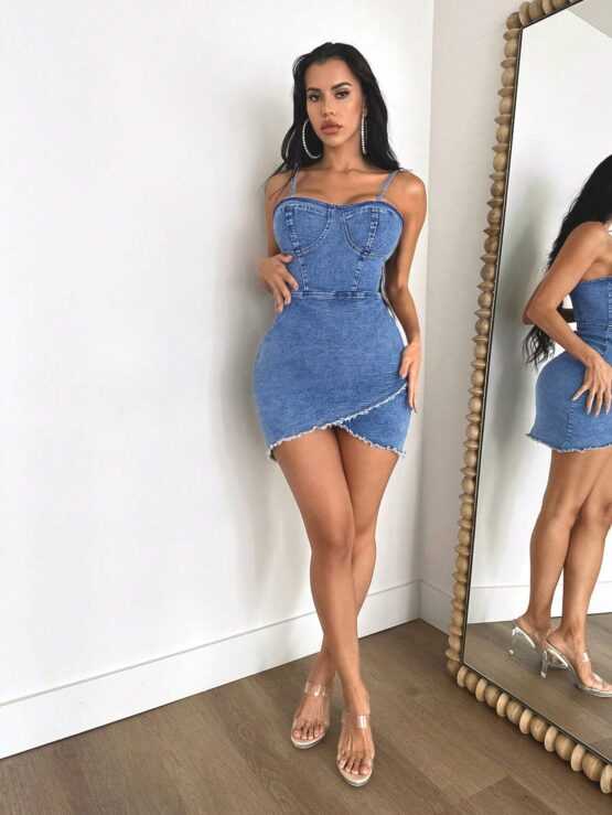 Raw Trim Wrap Sexy Hem Denim Dress