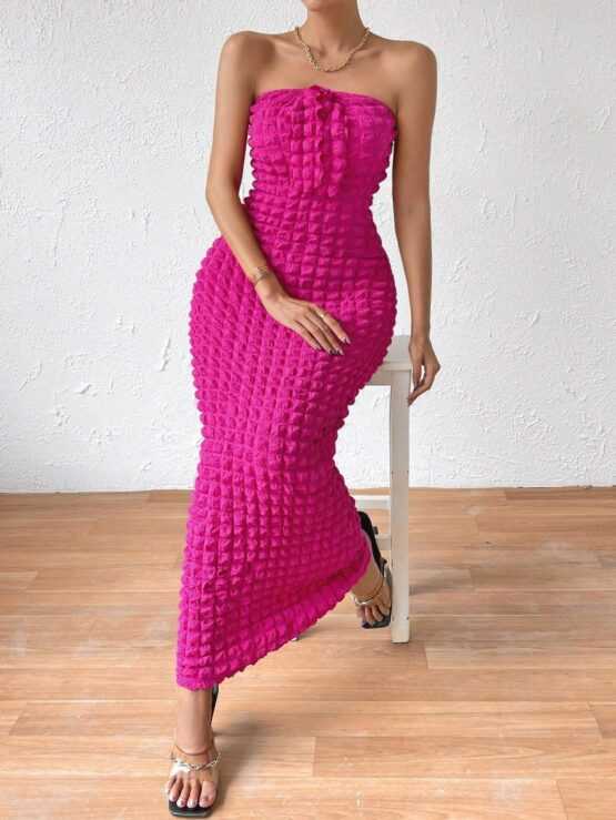 Solid Tie Front Strapless Tube Bodycon Dress