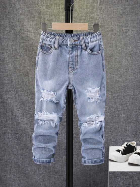 Young Boy Frayed Bleach Wash Ripped Jeans