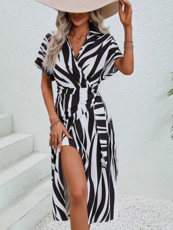 Zebra Striped Batwing Sleeve Belted Wrap Dress