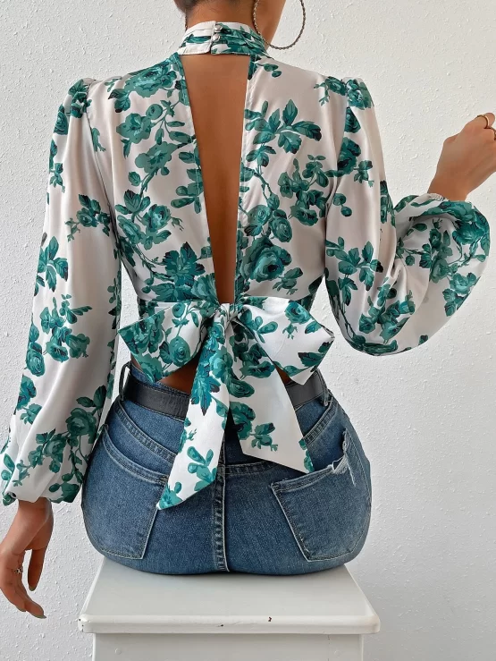 Floral Print Tie Backless Bishop Crop Sleeve Blouse