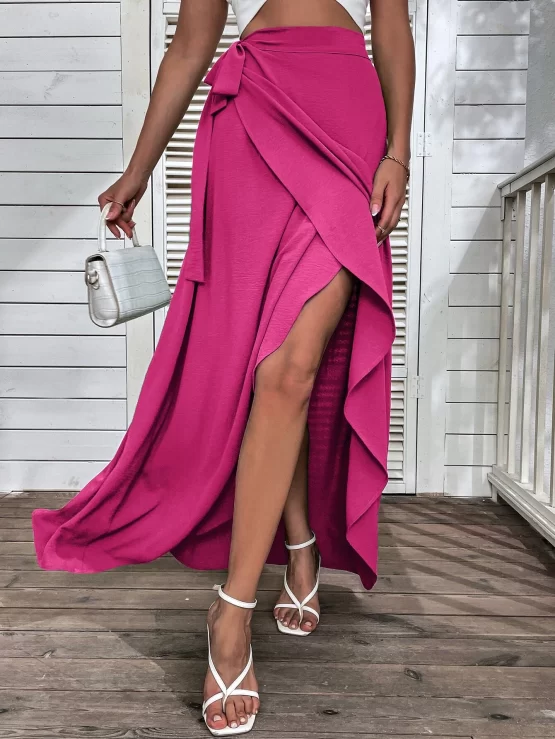 Tie Front Plain Boho Side Maxi Wrap Skirt