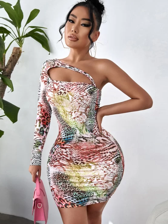 Leopard And Snakeskin Print One Shoulder Cut Out Bodycon Dress