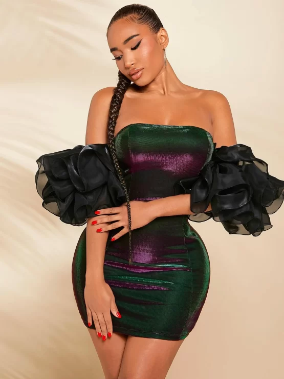 Off Shoulder Exaggerated Ruffle Trim Metallic Bodycon Dress