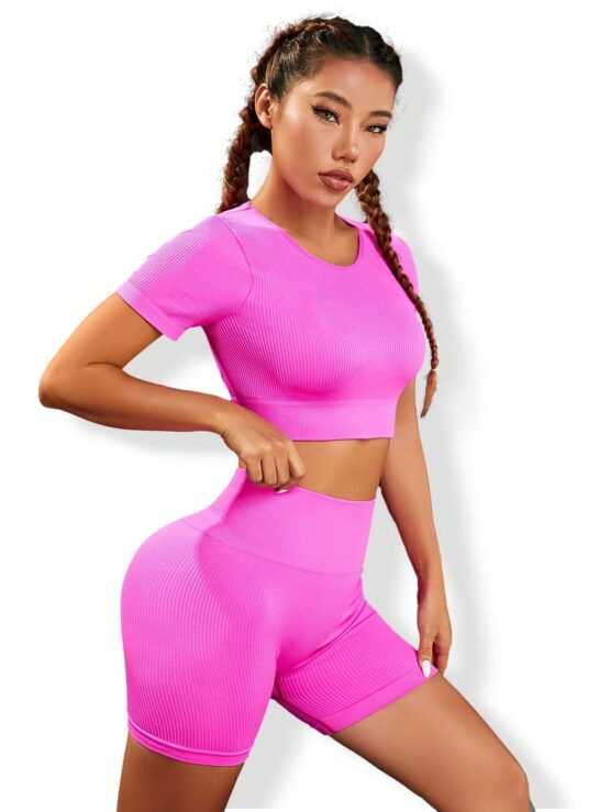 Cut Out Plain Seamless Sleeve Back Sports Set
