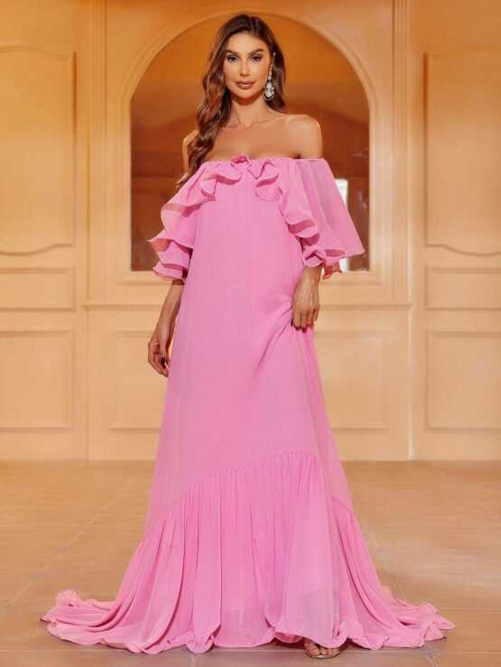 Off Shoulder Ruffle Hem Chiffon Trim Dress