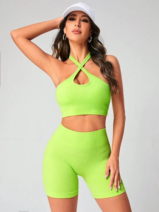 Criss Cross Rib Knit Seamless Halter Sports Set