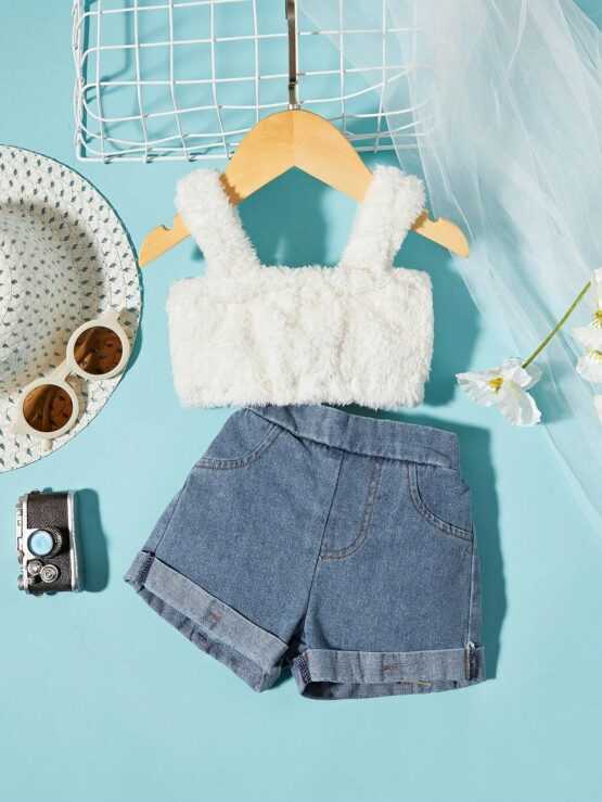 Baby Teddy Cami Top & Roll Up Hem Denim Shorts Set