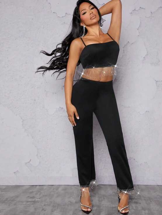 Rhinestone Fringe Hem Cami Top & Pants