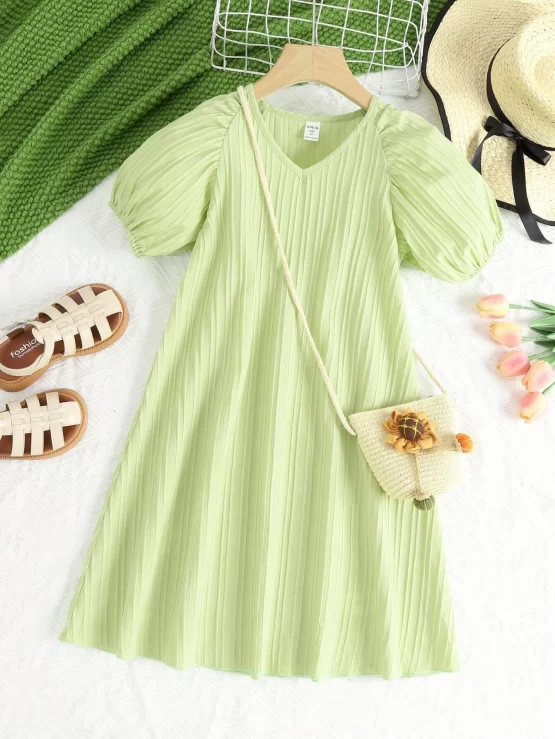 Tween Girl Solid V Neck Puff Sleeve Dress