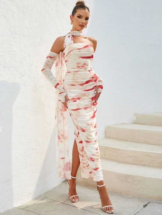 Tie Dye Asymmetrical Neck Ruched Side Bodycon Dress