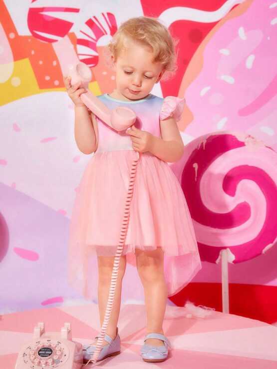 Baby A Line  Flared Ombre Overlay Mesh Dress