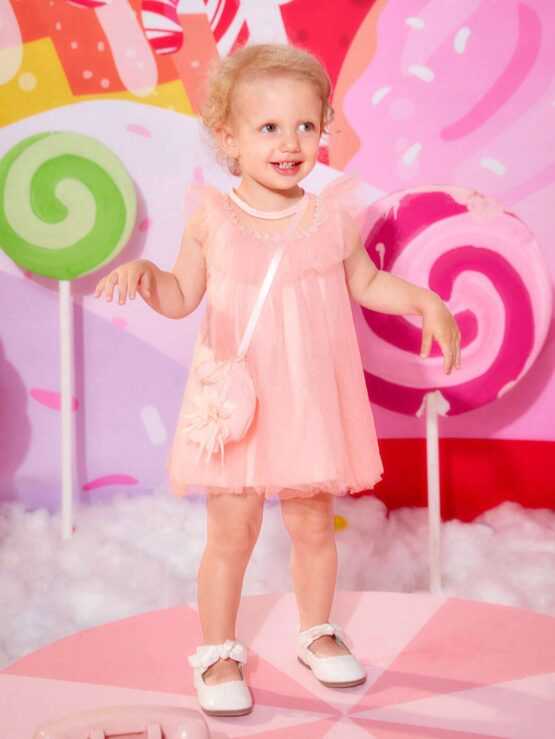 Baby Solid Ruffle Trim Mesh Overlay Party Dress With Bag