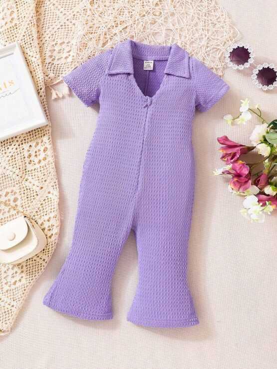 Baby Girl Solid Textured Flare Leg Jumpsuit