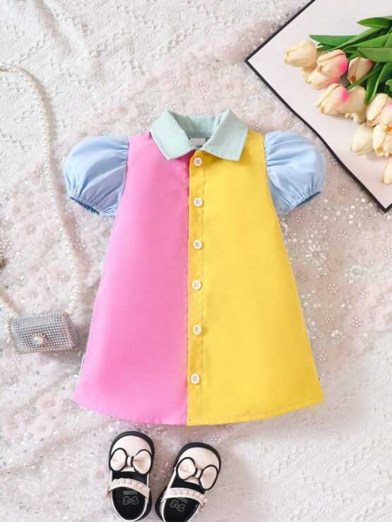 Baby Color Block Collar Puff Shirt Sleeve Dress