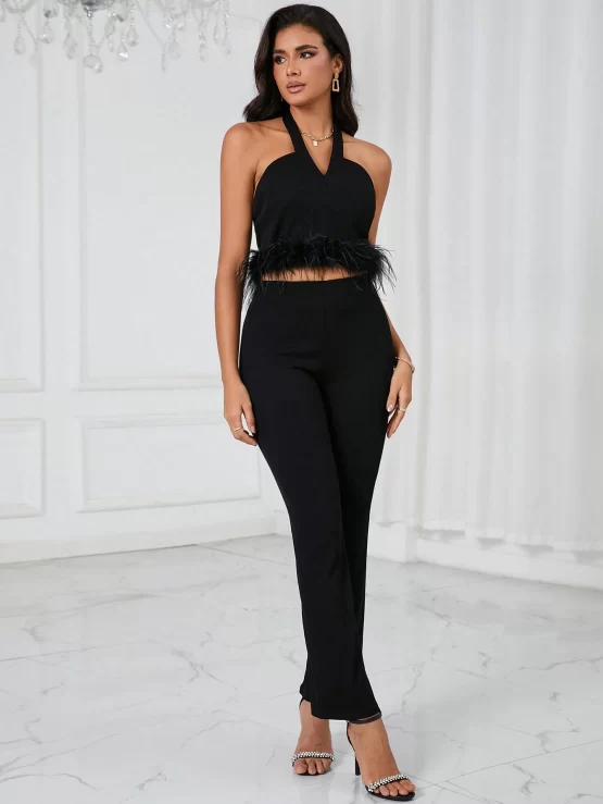 BAE Sexy Fuzzy Hem Halter Top & Pants