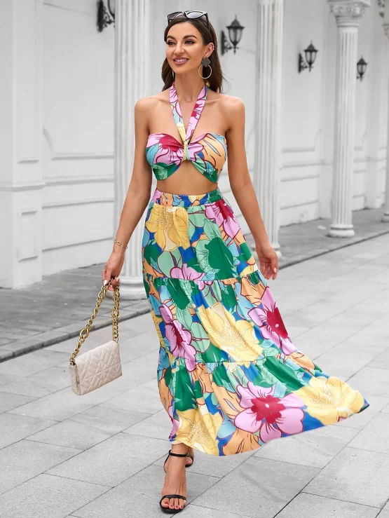 VCAY Floral Print Tie Backless Halter Top & Ruffle Hem Skirt