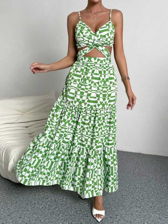 VCAY All Over Print Twist Front Cut Out Ruffle Hem Cami Dress
