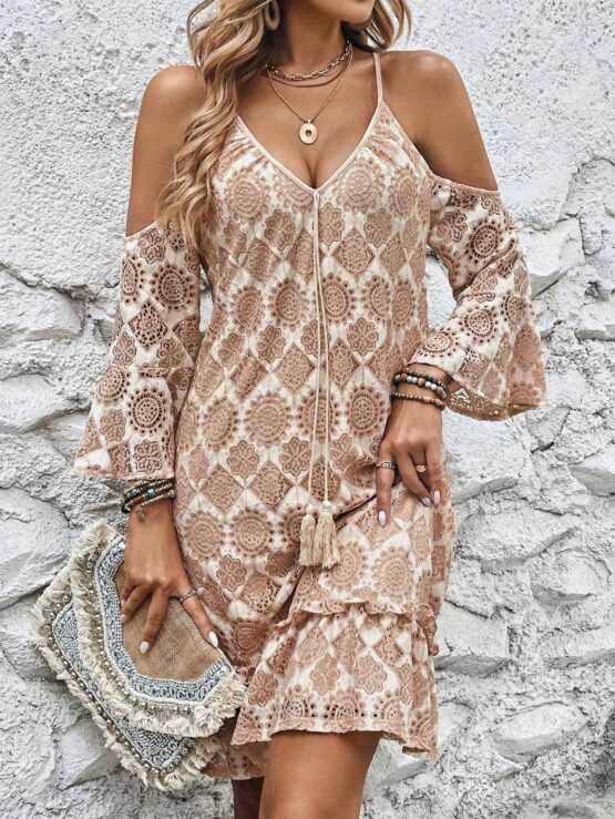 All Over Print Cold Shoulder Tassel Tie Front Ruffle Hem Dress