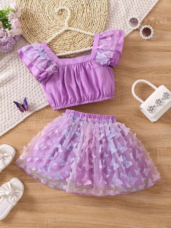 Toddler Girls Ruffle Trim Top & Butterfly Appliques Mesh Overlay Skirt