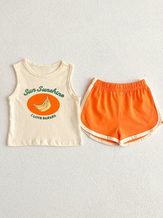 Baby Banana Letter Graphic Tank Top & Contrast Binding Shorts