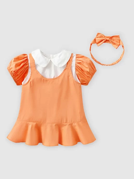 Baby Puff Ruffle Hem 2 In 1 Sleeve Dress With Accessory Headband