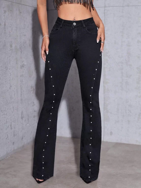 Pearls Beaded Zipper Fly Flare Leg Jeans