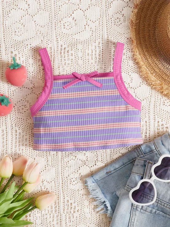 Baby Striped Bow Contrast Binding Front Cami Top