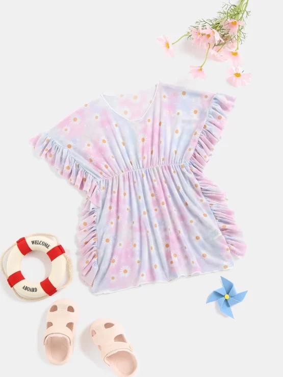 Toddler Girls Tie Dye Floral Ruffle Trim Print Cover Up