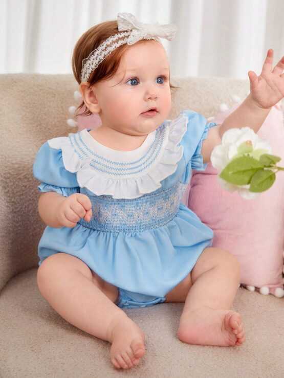Baby Ruffle Trim Puff Shirred Sleeve Bodysuit