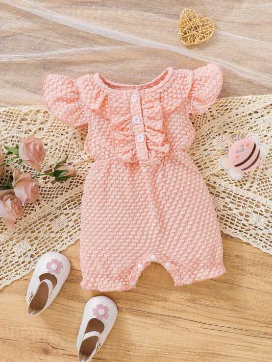 Baby Girls' Soft Skin Friendly Pink Polka Dot Fabric Flutter Sleeve Jumpsuit With Ruffle Hem