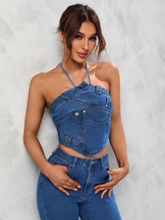 BAE Tie Backless Hanky Hem Halter Neck Denim Top