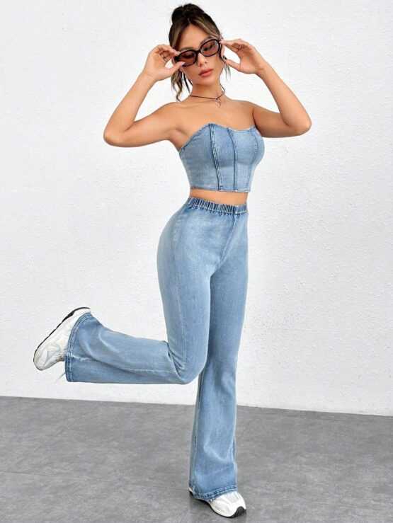 EZwear Zip Back Denim Tube Top & Flare Leg Jeans