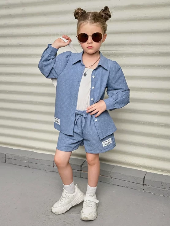 Woven Long Sleeve Shirt With Decorative Button Placket Collar Elastic Waist Shorts