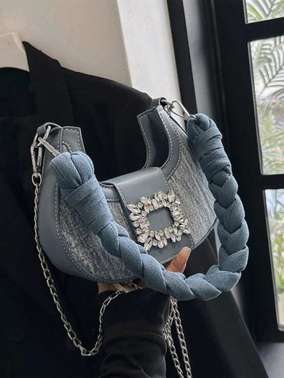 Mini Hobo Bag Rhinestone Decor Braided Strap