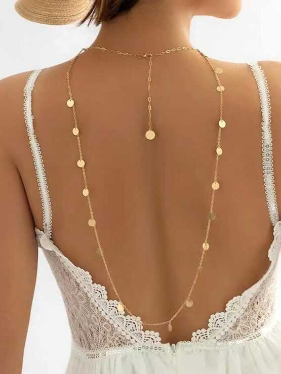 Gold Color Metal Body Chain With Simple Glitter Circle Pendant And Back Chain Necklace