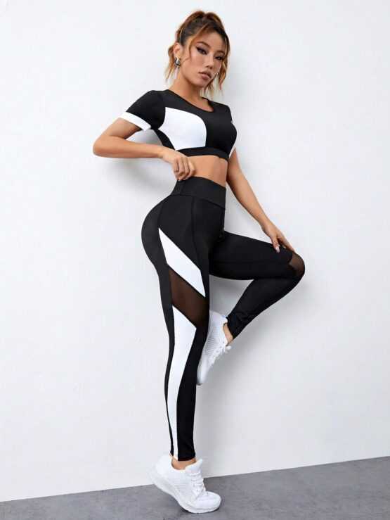 Color Block Contrast Mesh Insert Top-stitching Sports Set