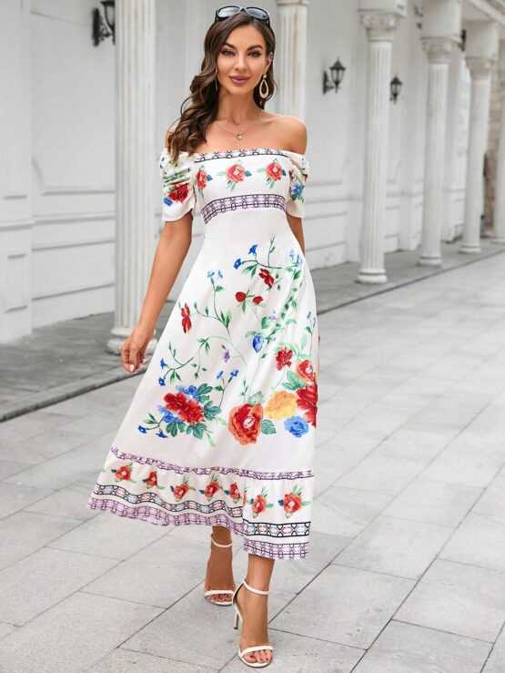 VCAY Floral Ruffle Print Off Shoulder Dress