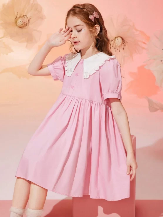 Girls Contrast Collar Puff Sleeve Smock Dress