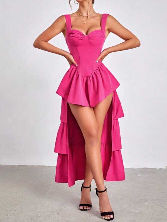 Ruched Bust High Low Layer Hem Cami Dress