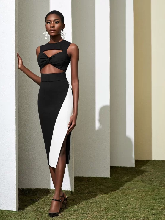 Two Tone Cut Out Twist Front Split Thigh Dress