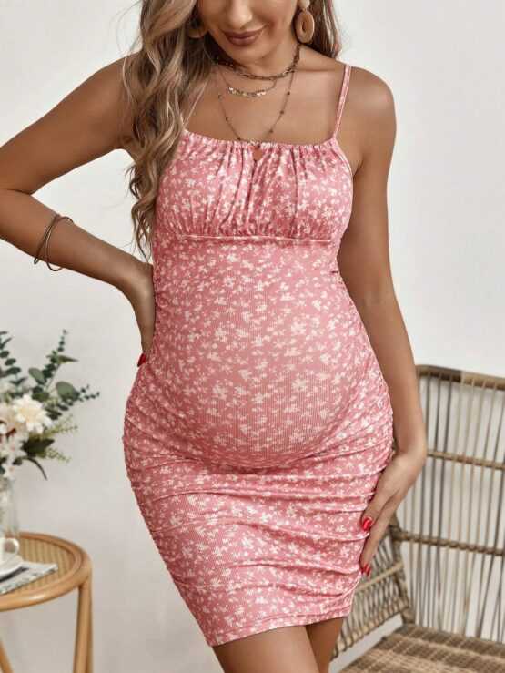 Maternity Ditsy Floral Print Ruched Bust Cami Front Dress