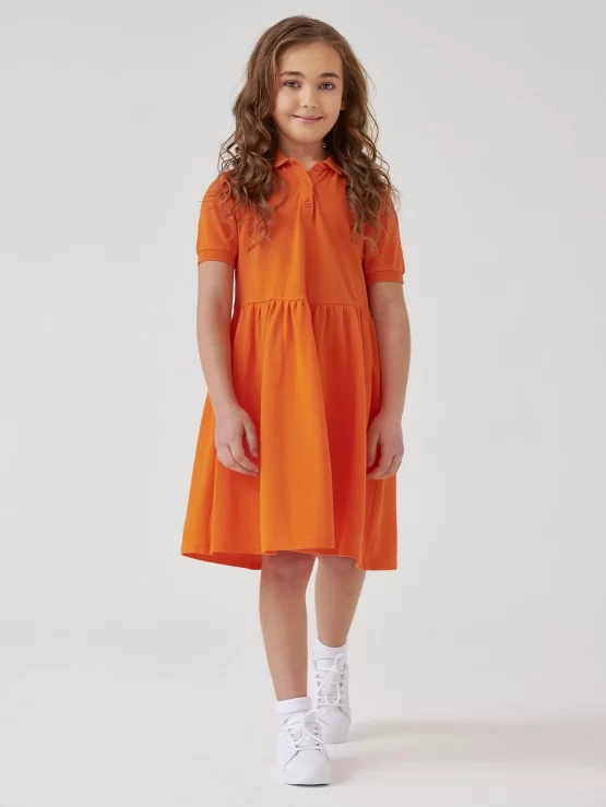 BASICS Girls 100% Cotton Neon Orange Half Button Placket Smock Dress