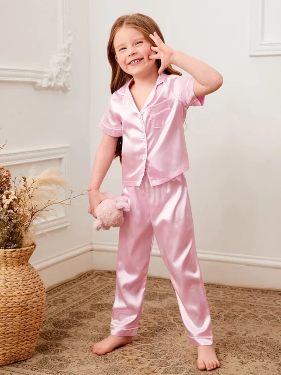 Toddler Girls Contrast Piping Lapel Neck Satin Print PJ Set
