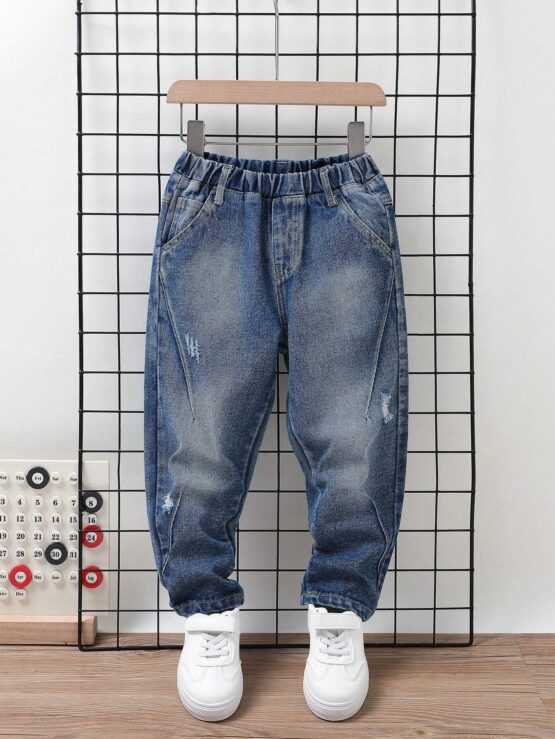 Young Boy Frayed Elastic Waist Ripped Jeans