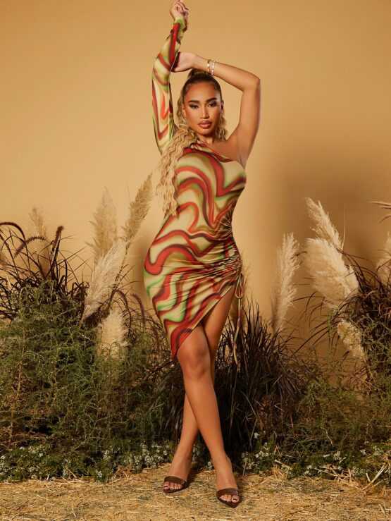 Marble Print One Shoulder Drawstring Asymmetrical Hem Bodycon Dress - Image 2