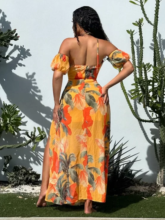 Tropical Print Tie Backless Split Thigh Halter Neck Dress - Image 2