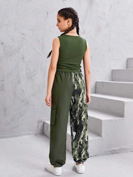 Teen Girls Solid Tank Top & Camo Print Flap Pocket Pants - Image 3