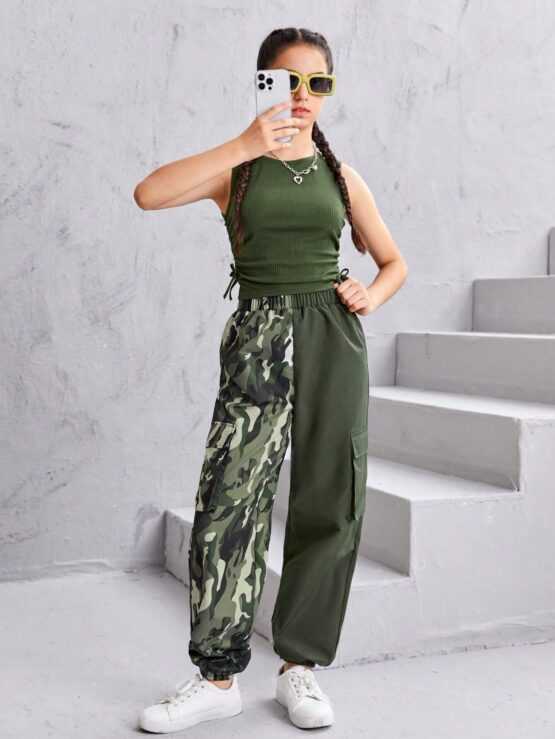 Teen Girls Solid Tank Top & Camo Print Flap Pocket Pants - Image 2
