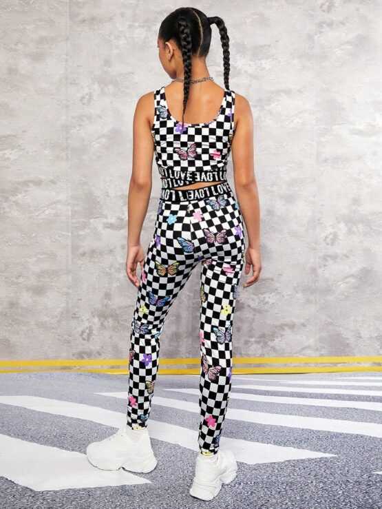 Teen Girls Checker Butterfly Print Tank Top & Leggings - Image 2
